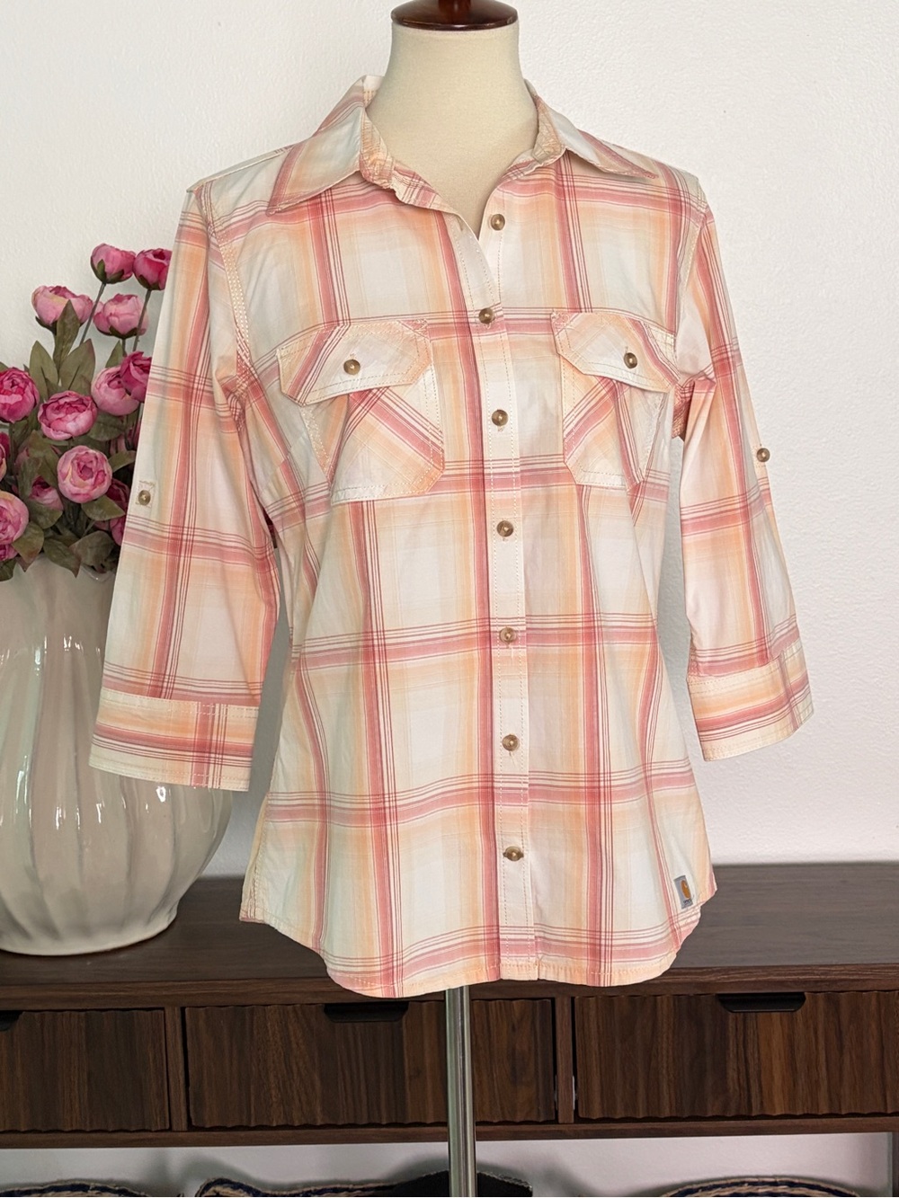 Carhartt Peach and Pink Plaid Button-Down Women's Shirt